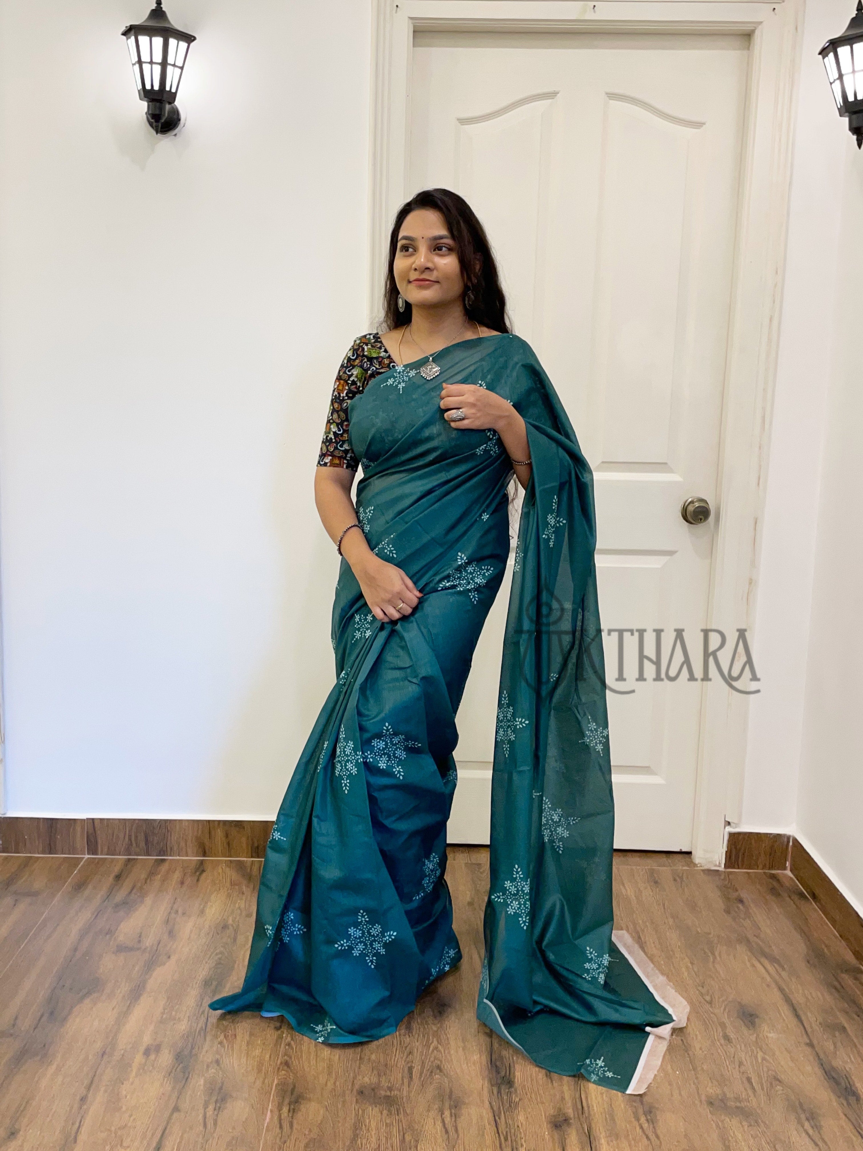 Green Printed Mul Cotton Saree