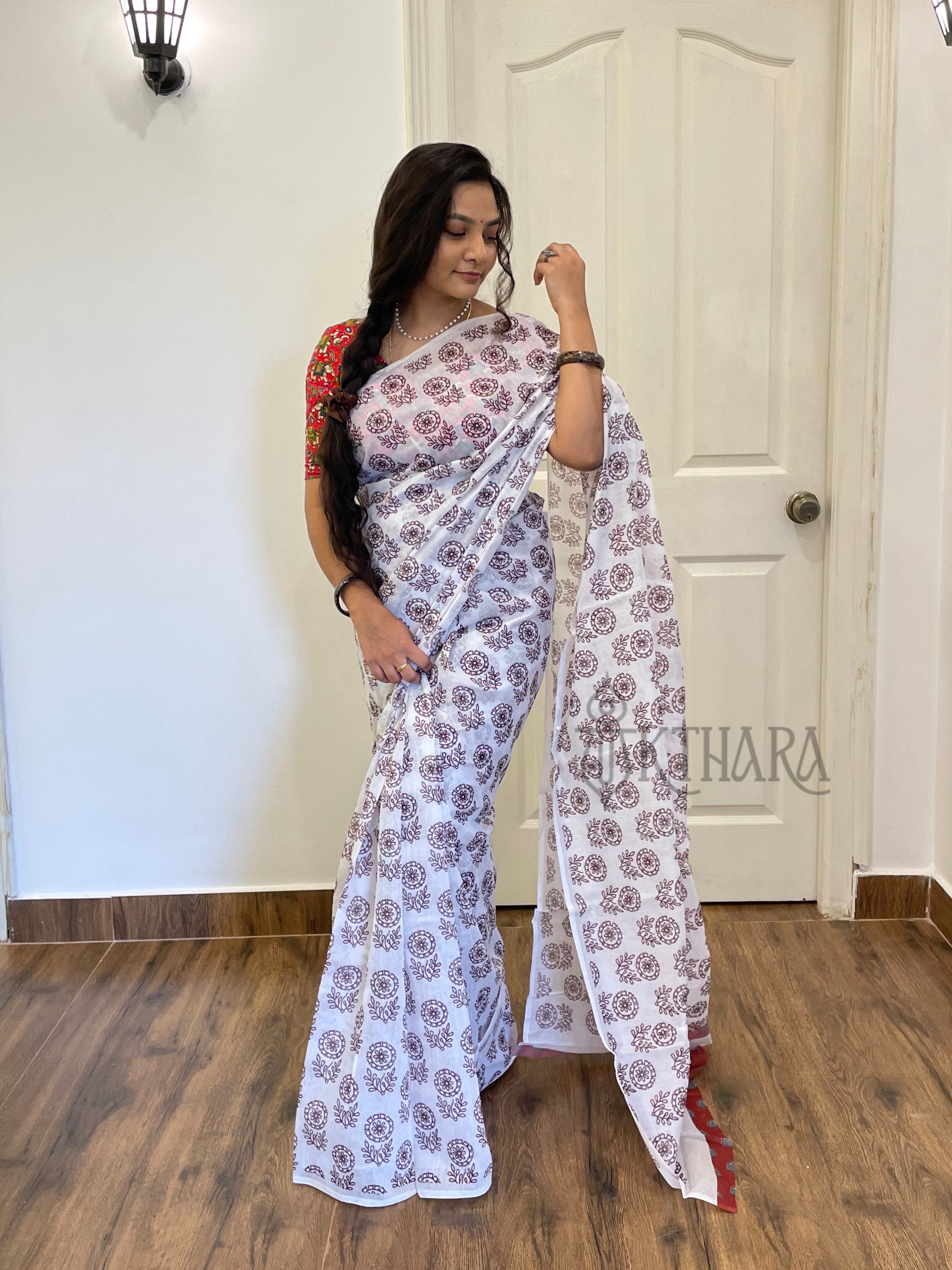 White Printed Mul Cotton Saree