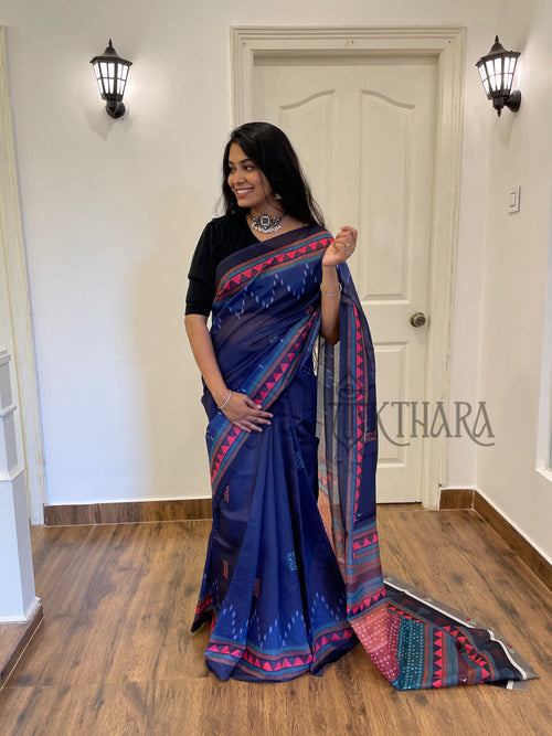 Blue Printed Mul Cotton Saree