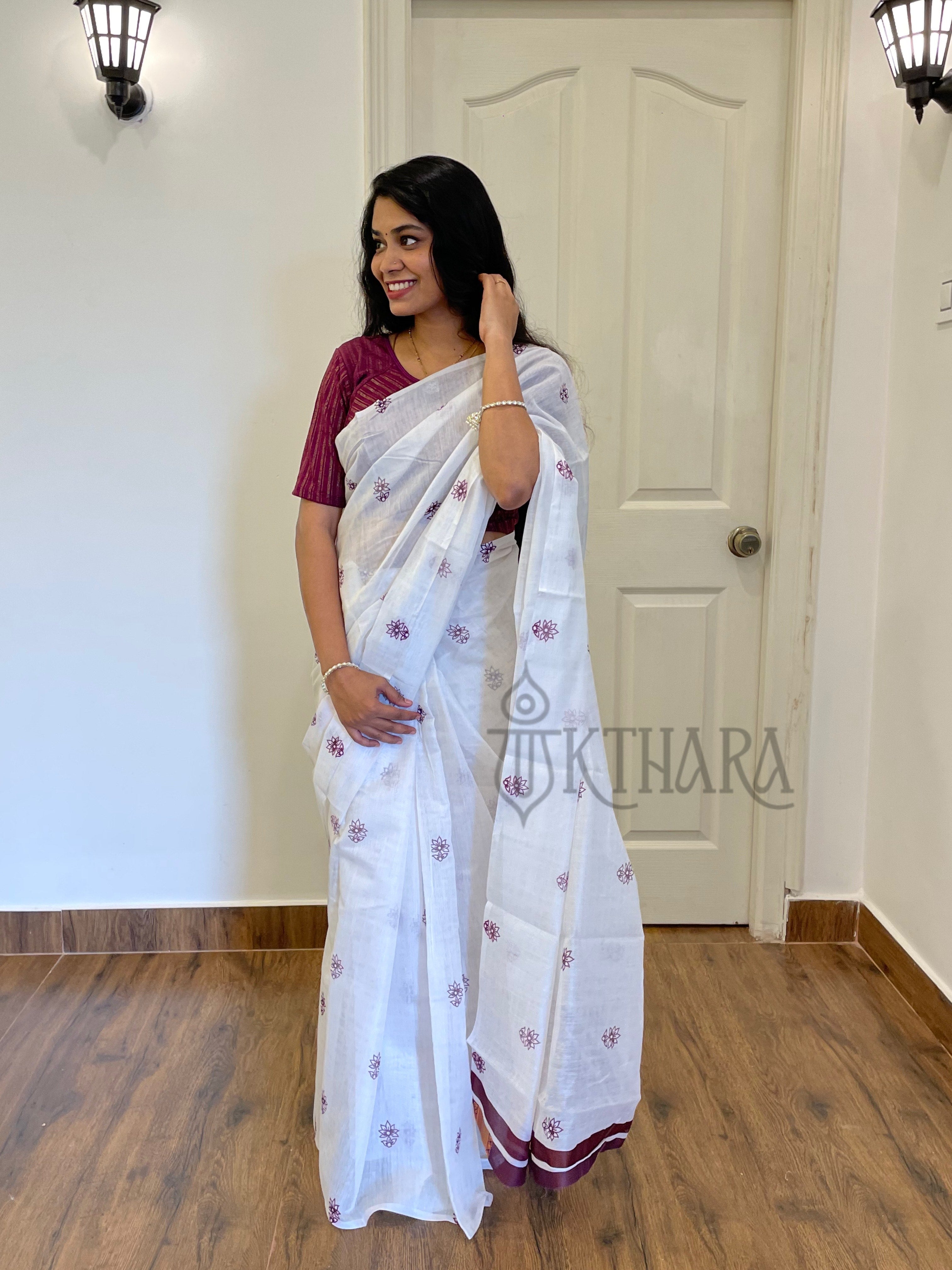 White Printed Mul Cotton Saree