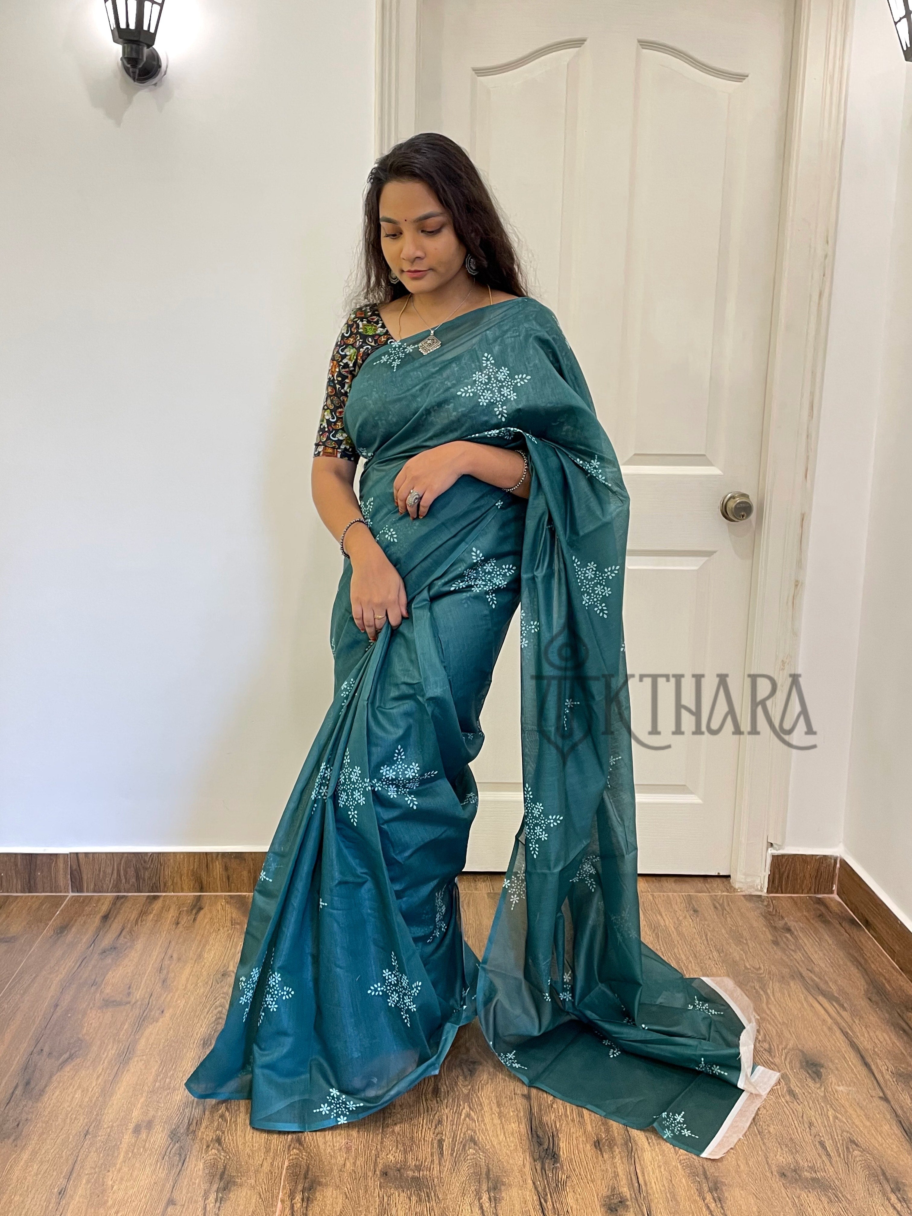 Green Printed Mul Cotton Saree