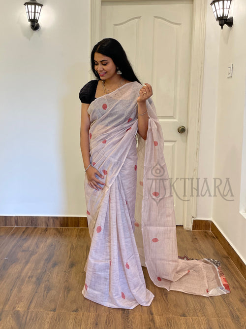 Cream Printed Mul Cotton Saree
