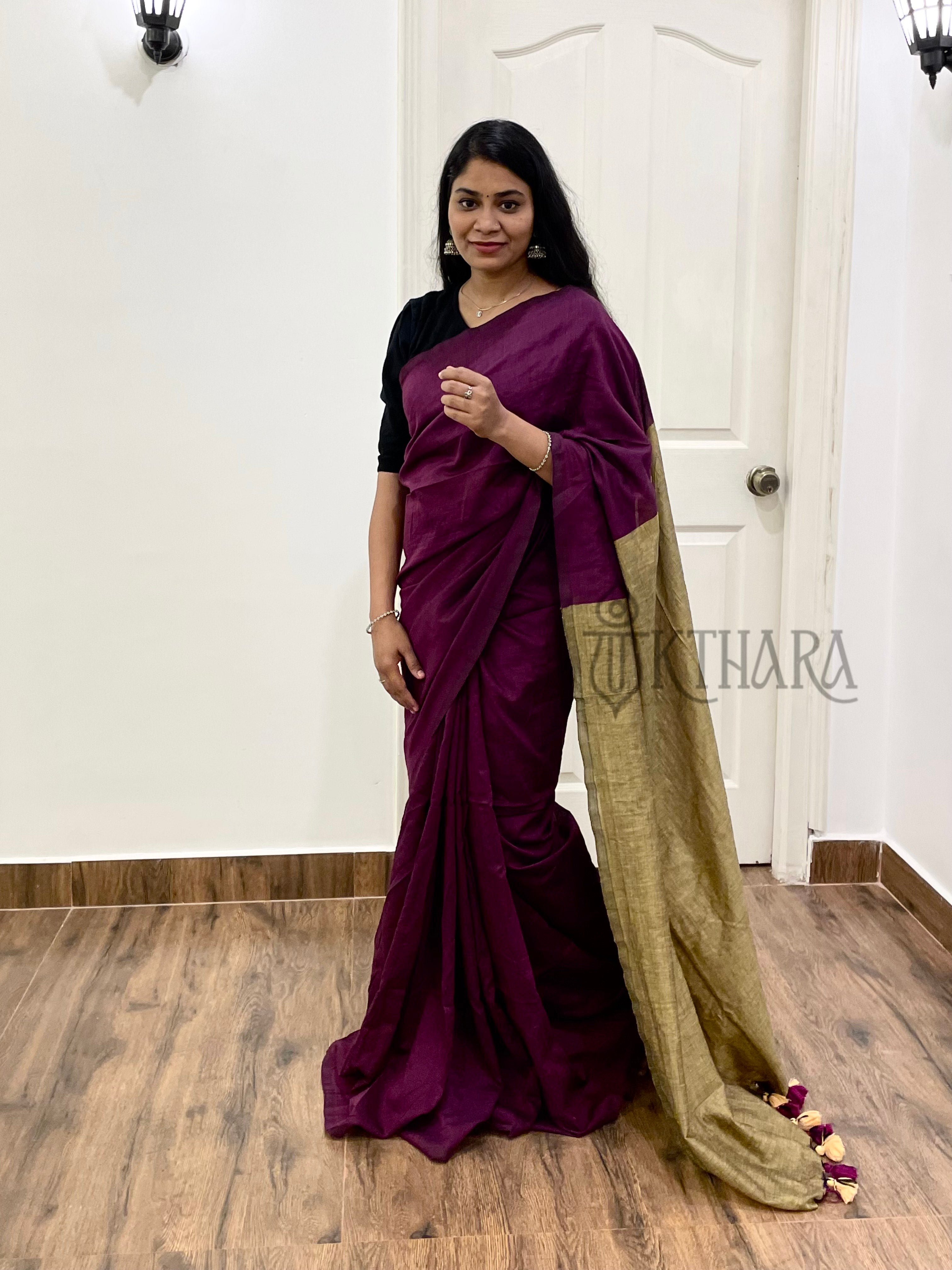 Wine Khadi Cotton Saree