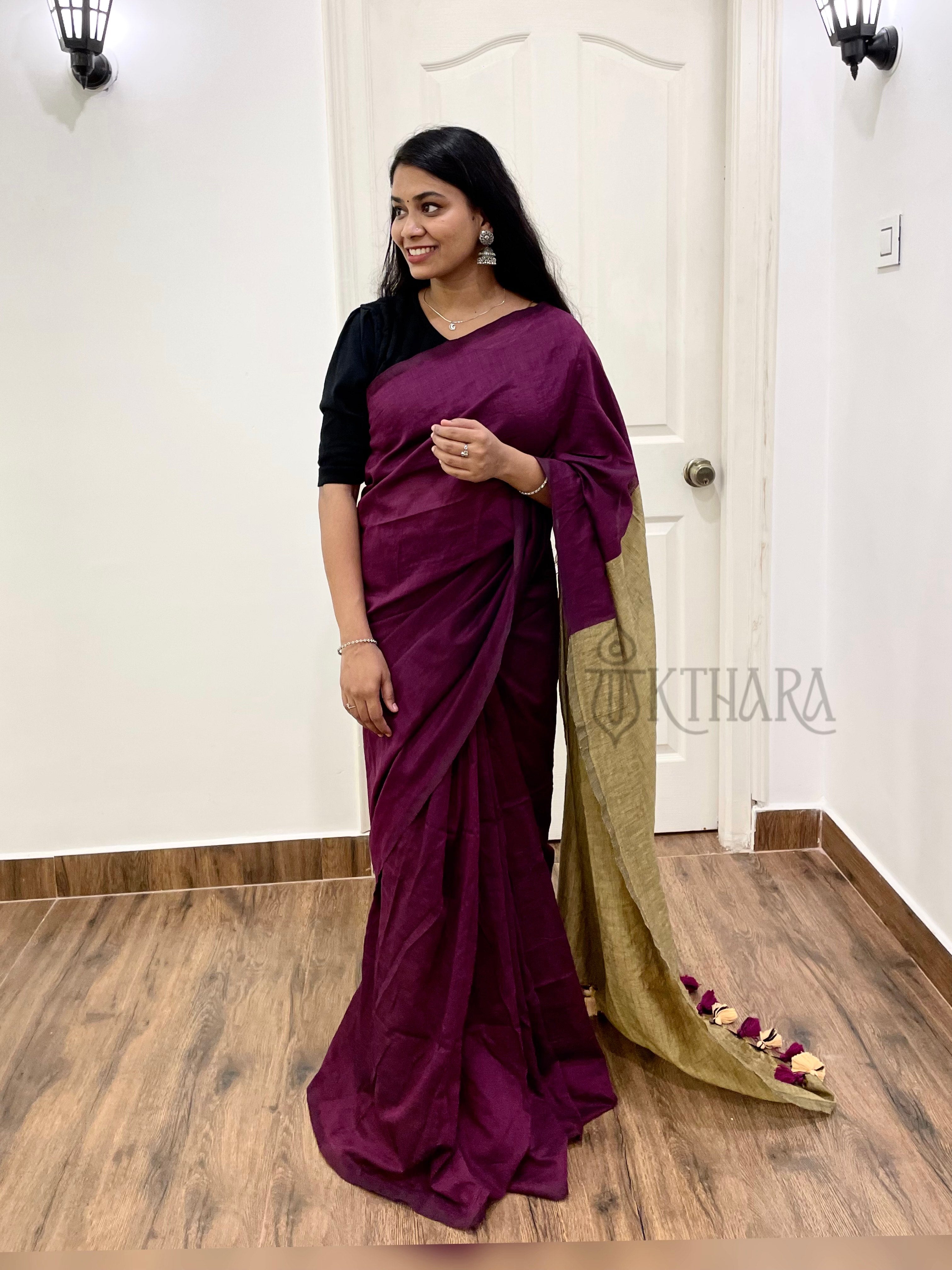 Wine Khadi Cotton Saree