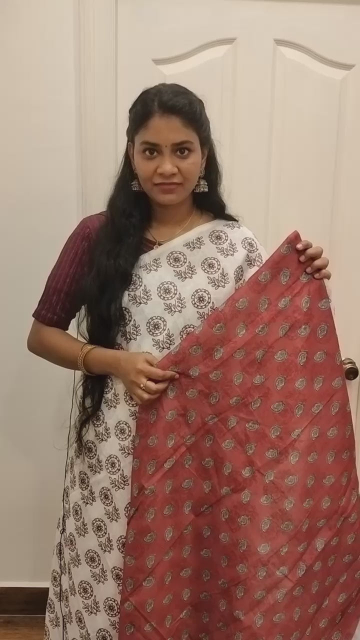 White Printed Mul Cotton Saree